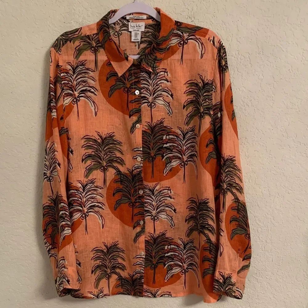 Nicole Miller Linen Tropical Print Women’s Shirt Long Sleeve Button Up Size XL